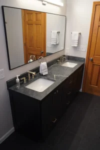 New vanity and countertops. Master bathroom remodel in Clarence, NY by Stately Kitchen and Bath.