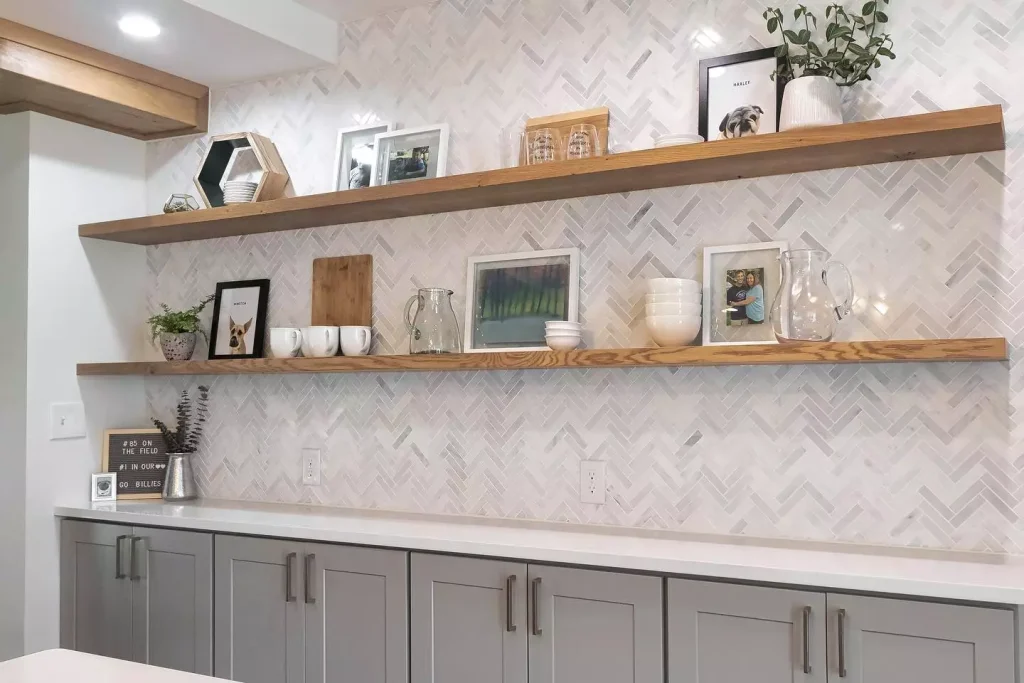 Custom cabinetry and shelving. Modern kitchen with natural elements by Stately Kitchen and Bath in Amherst, NY.