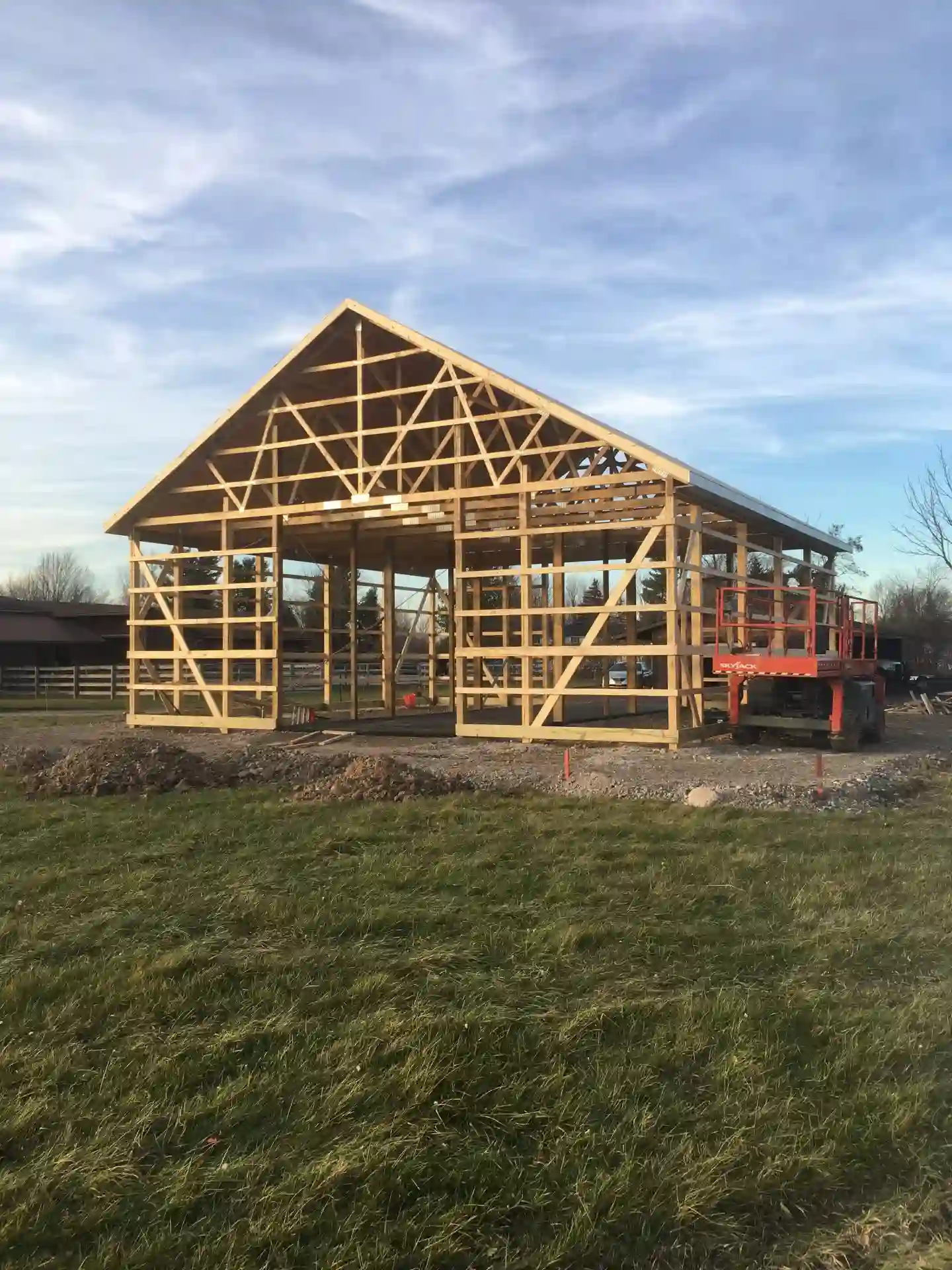 Pole barn under construction by Stately Post Frame in Elma, NY.