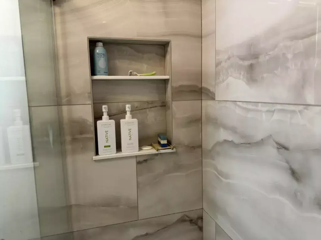 Recessed shower niche by Stately Kitchen and Bath in Clarence Center, NY.