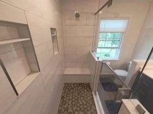 Interior view of the newly added bathroom by Stately General Contracting in Clarence, NY, featuring a spacious dual shower with built-in niches.
