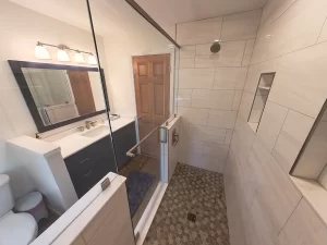 Stately General Contracting bathroom addition in Clarence, NY, featuring a modern vanity and glass-enclosed shower with built-in niches.