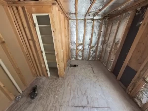 Demolition of a bathroom showing exposed framing and an open closet space, with no fixtures or flooring remaining.