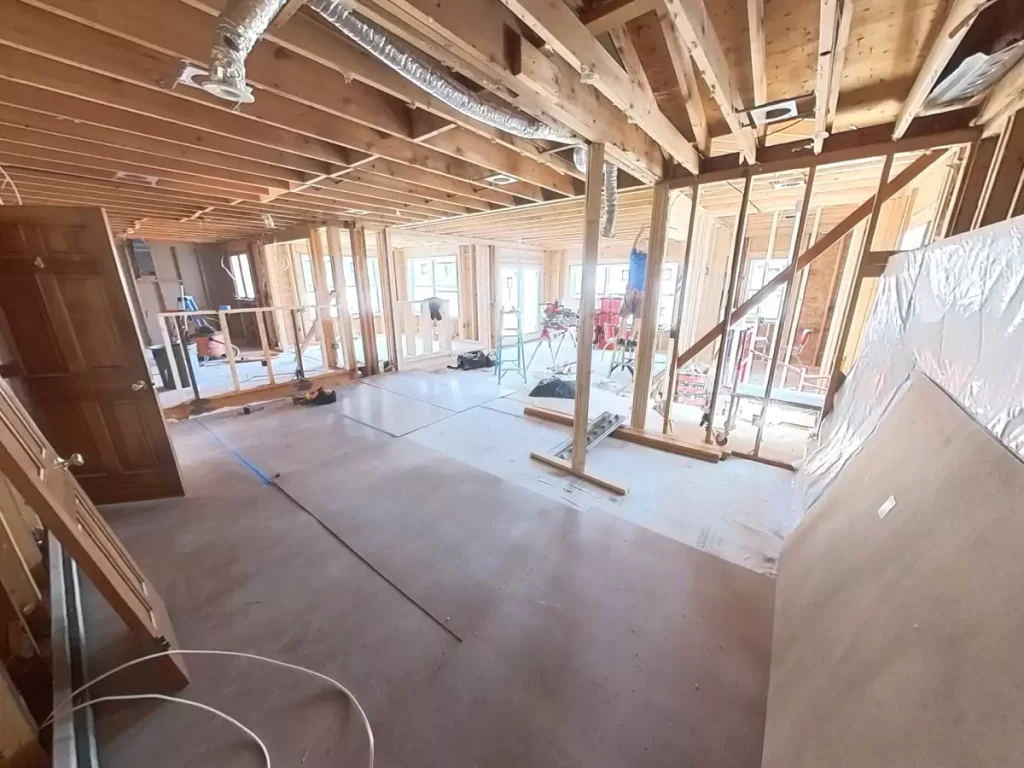 Interior framework setup for kitchen and bath addition in Amherst, NY, highlighting open plan and structural reinforcement by Stately.