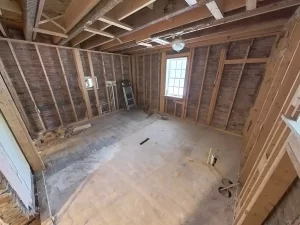Demolition phase with visible subfloor and stripped-down walls.