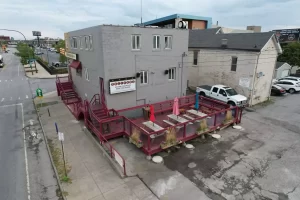 View of Ballyhoo Buffalo patio pre-construction, awaiting Stately Pole Barns’ covered deck addition for improved customer comfort.