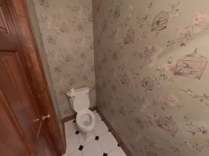 Amherst NY half-bath pre-remodel with birdcage wallpaper, white toilet, and classic black and white tiled floor.